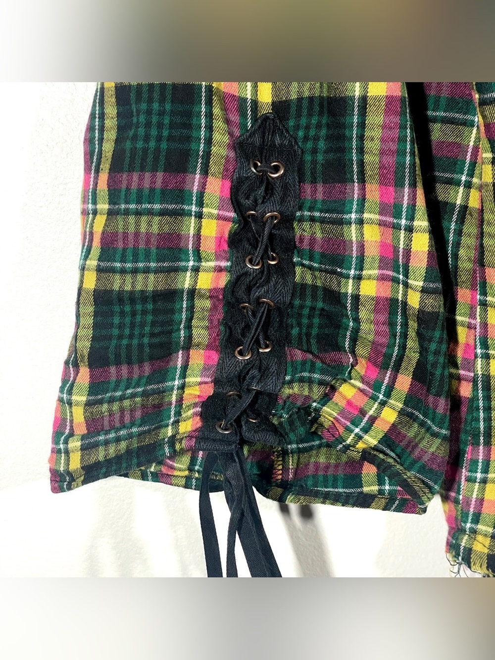 Savage x Fenty Plaid Button Down Top Lace Up Sleeves Frayed Hem grunge preppy - Picture 5 of 9